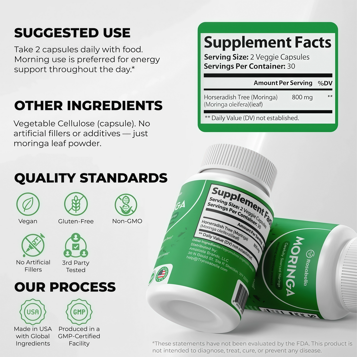 Rosabella Moringa Capsules - Pure Moringa Powder, Energy, Skin, Immune & Gut Health Superfood, Rich in Antioxidants, Essential Vitamins & Amino Acids, Natural Green Superfood Supplement